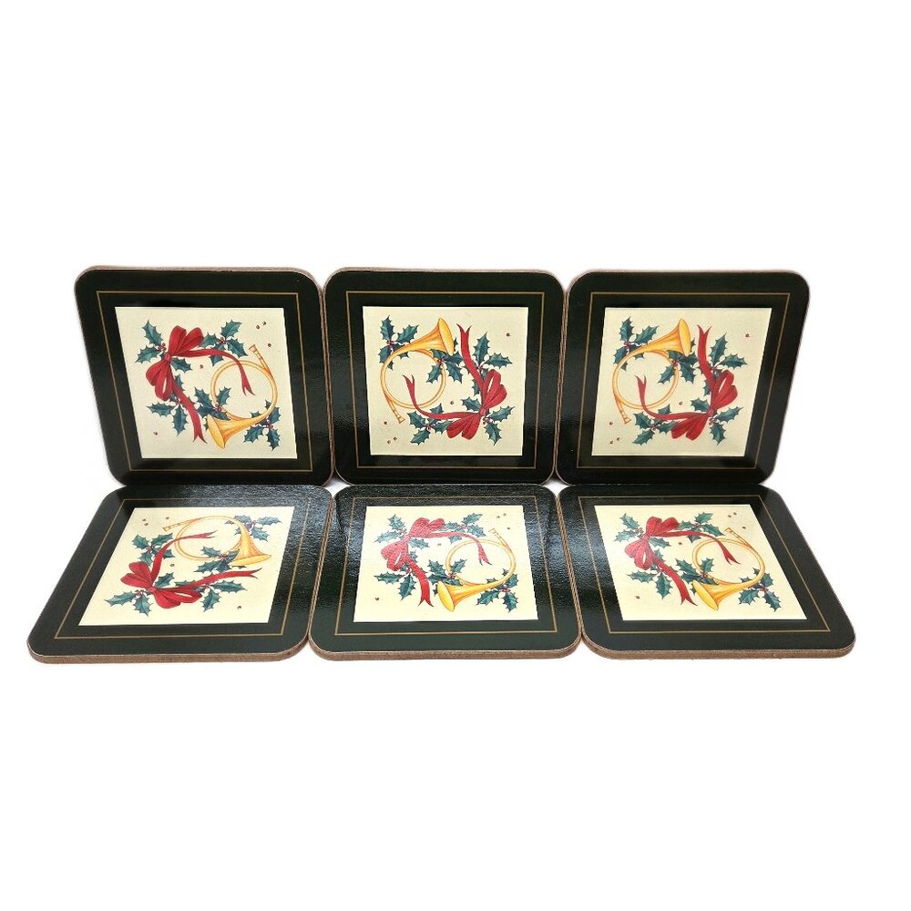 Pimpernel Cork Coaster Set x6 Christmas Holly Horn Ribbon Celebration Yuletide